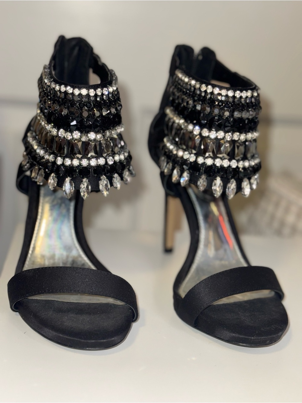 Gianni Bini Black Jeweled Ankle-Cuff Stiletto Sandals